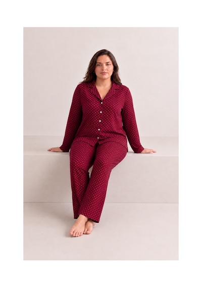Fit Women Kadın Rahat Puantiyeli Düğmeli Kırmızı Pijama Takımı 824