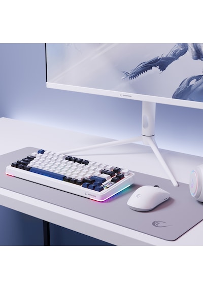 Rampage Quell Pro Ekranlı Beyaz Hot Swap 2.4g + Bt Wireless Rgb Gasket Oil Switch English Layout Pbt Mekanik Oyuncu Klavyesi