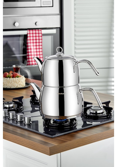 Cooker Lara Mega Boy Paslanmaz Çelik Çaydanlık Takımı 2,5 - 4,5 Litre Ckr3927 Gümüş