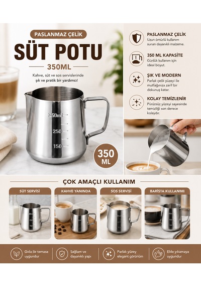 304 Çelik 350 Ml Kahve Süt Köpürtme Potu Sütlük Pitcher
