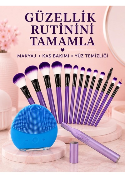 Kadın Güzellik Seti 12 Li Mor Makyaj Fırçası Kaş Düzeltici Ve Silikon Yüz Temizleme Cihazı Cilt Bakı