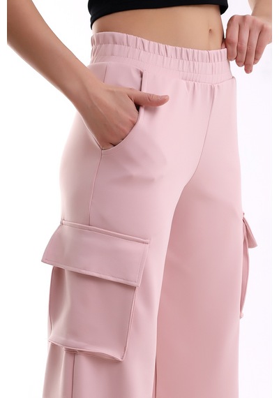 Winmoda34 Kadın Scuba Beli Lastikli Kargo Cepli Salaş Bol Paça Eşofman Altı Pembe
