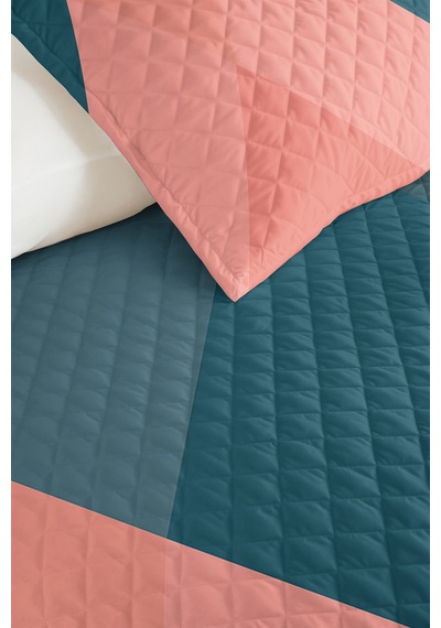 Geometrik Pembe Genç Odası Tek Kişilik Pike Takımı - Petrol Ekru 160x220 Cm Kapitone Yatak Örtüsü Kabuğu Kil Solgunluğu