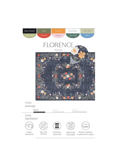 Cool Halı Florence Lacivert Yeşil Çiçekli Dekoratif Bohem İnce Yıkanabilir Şönil Dokuma Salon Halısı