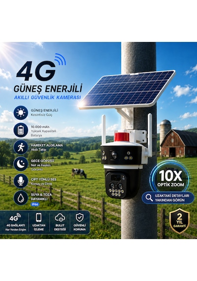 3x4mp 4+4+4 Güneş Panelli Kamera 4g Sim Kartlı 360 10x Zoom Akıllı Güvenlik Kamerası
