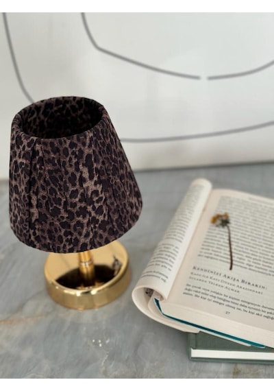 Kahverengi Leopar Desenli Kumaş Parlak Gold İskelet Tasarım Kablosuz Gece Masa Lambası