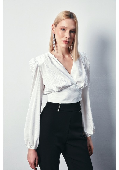Sateen Desenli Kruvaze Saten Bluz - Ekru-134488 Ekru