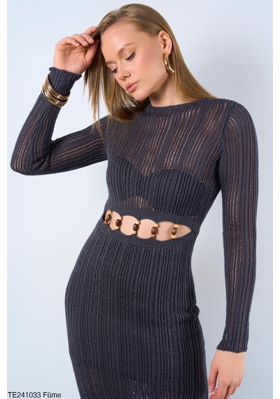 Butik Belvita Yırtmaçlı Göbeyi Boncuklu Triko Elbise Füme Butik Belvita Yırtmaçlı Göbeyi Boncuklu Triko Elbise Füme