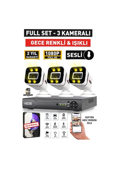Sesli - 3 Kameralı Fullhd Gece Renkli Ve Işıklı Güvenlik Kamerası - Kamera Seti Hard Disksiz