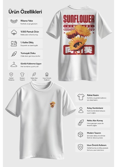 Spoyi Bold Sunflower Tasarımlı %100 Pamuk Yarım Oversize Beyaz T-shirt