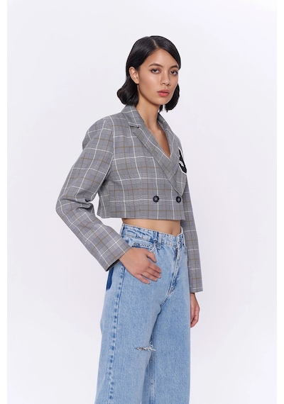 Kareli Çift Düğmeli Crop Blazer Ceket Gri Gri