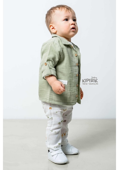 Caramell 3'lü Bebek Takımı Müslin Gömlek Pantalon Tişört Zürafa Desenli-1134 Yesil