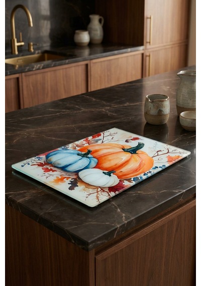 Makri Home Dekoratif Kabak Desenli Cam Kesme Tahtası 25 Cm 35 Cm Turuncu
