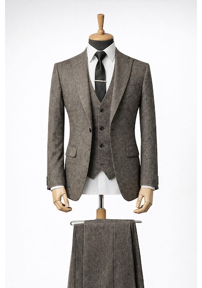 Erkek İtalyan Kesim Slim Fit Yelekli Takım Elbise Kahverengi