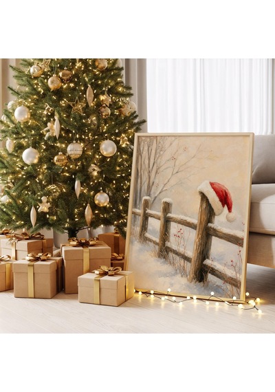 Karlı Çit Direğinde Noel Baba Şapkası, Vintage Çiftlik Evi Tarzı Noel Duvar Sanatı Baskısı Dijital İndirme 1365