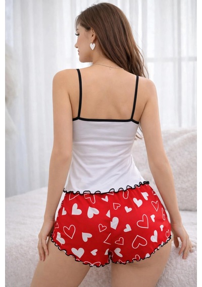 Leyna Renkli Kalp Desenli Askılı Şortlu Kadın Pijama Takımı