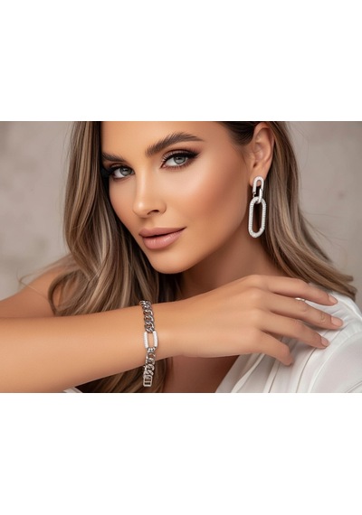 Tiptop/ Gümüş Renk Zirkon Taşlı Sallantılı Model Çelik Küpe -zincir Model Zirkon Taşlı Bileklik Gümüş