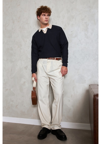 Erkek Polo Yaka Nopeli Oversize Triko Kazak Lacivert
