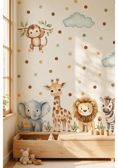 Safari Hayvanları Duvar Sticker Seti 88 Parça Fil, Zürafa, Aslan, Zebra,maymun Çocuk Odası Sticker Çok Renkli