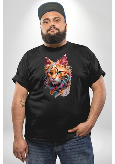 Angemiel Hayvan Kedi Sanat Potre Siyah Büyük Beden Erkek Kadın Unisex Basic Ön Baskılı Tişört Siyah