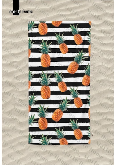 Marte Home Ananas Stripe Baskılı Plaj Havlusu Siyah, Beyaz