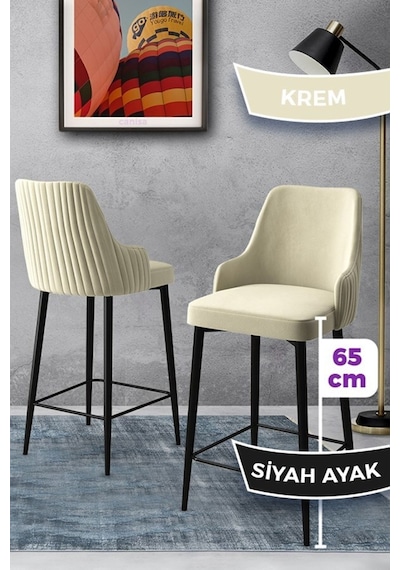 Canisa Tera Serisi 2 Krem Sandalye 65 Cm Ada Mutfak Bar Sandalyesi Babyface Kumaş Siyah Metal Ayaklı Sandalyeler Krem Ayaklar Siyah