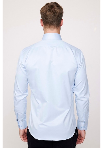 Tudors Modern Slim Fit Uzun Kollu Düz Saten Pamuklu Erkek Mavi Gömlek-23050 Mavi