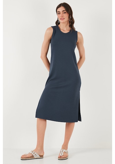 Lela Regular Fit Bisiklet Yaka Yırtmaç Detaylı Basic Midi Bayan Elbise 5866160 Füme