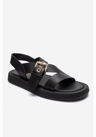 Luvishoes Rıven Siyah Cilt Hakiki Deri Tokalı Kadın Sandalet