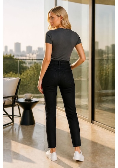 Woddi İlay Kadın Siyah Mom Likralı Jean Kot Pantolon New-3