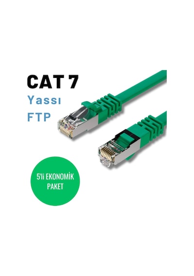 5 Adet 1 Metre Yeşil Cat7 Yassı Ftp Ethernet Network İnternet Kablosu