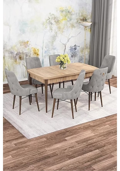 Zümra Serisi, Meşe Desen 80x132 Açılabilir Mdf Mutfak Masası Takımı 6 Adet Sandalye Gri