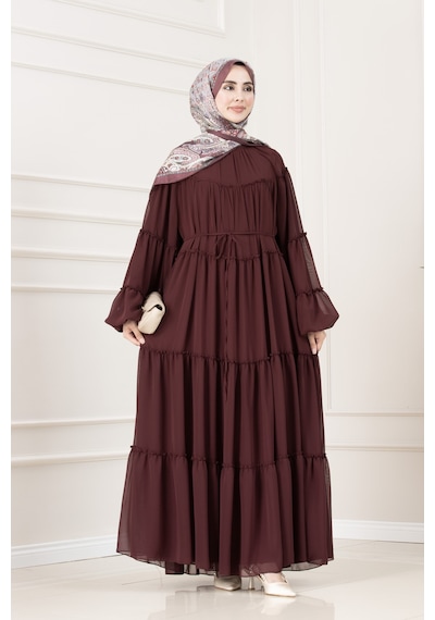 Sevitli Robalı Manolya Şifon Elbise-bordo-5783