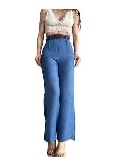Kemerli Keten Pantolon -mavi