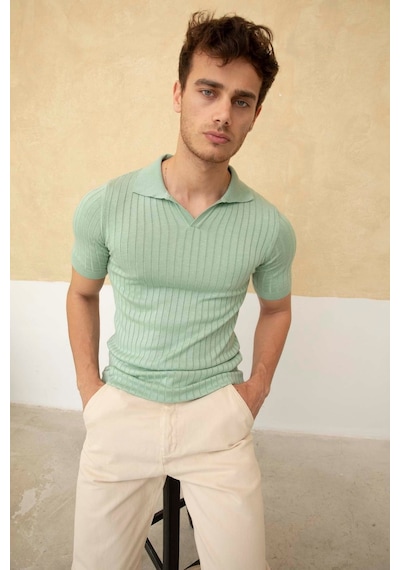 Erkek Fitilli Polo Yaka Triko T-shirt SU YEŞİLİ