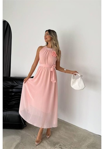 Neşeli Butik Kadın Gül Broş Detaylı Uzun Şifon Elbise Nbk2144 Pudra