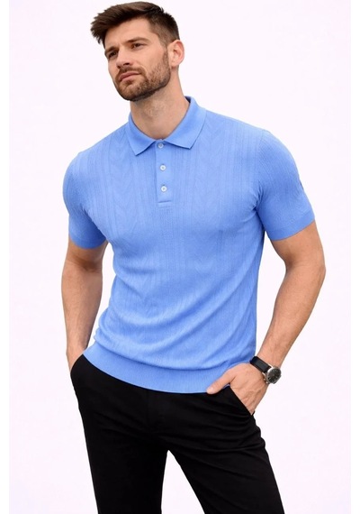 Erkek Yazlık Triko Tişört Kısa Kol Polo Yaka Düğmeli T-shirt - Bebek Mavisi Bebe Mavisi