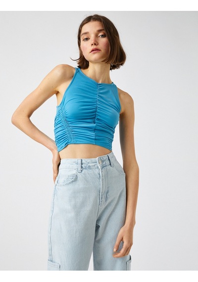 Koton Büzgülü Crop Üst Bisiklet Yaka Mavi 2sal30181ık 2SAL30181IK631