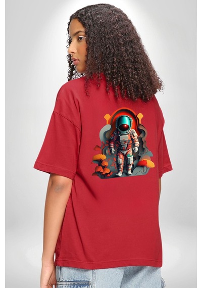 Astronot Yapay Zeka Yürüyüş Kırmızı Oversize Unisex Ön Ve Sırt Baskılı Tişört Kırmızı