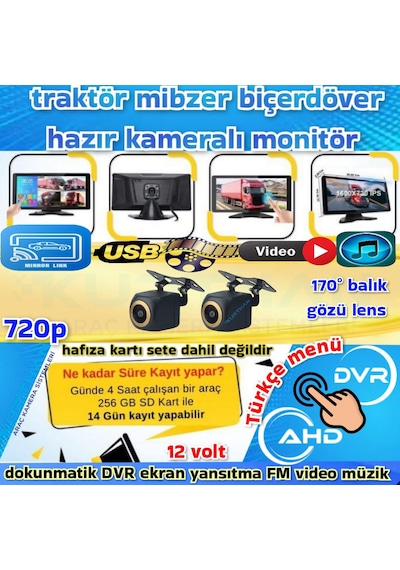 2 Adet 720p Ahd 170'' Kamera Dokunmatik 10.36'' Video Müzik Dvr Ekran Seti 12 V