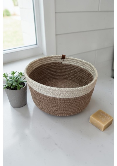 El Yapımı Dekoratif Örgülü Model Banyo Seti 2 Li Paspas 50x80 Ve 40x60 + 2 Organizer Sepet 18x18 Cm Vizon