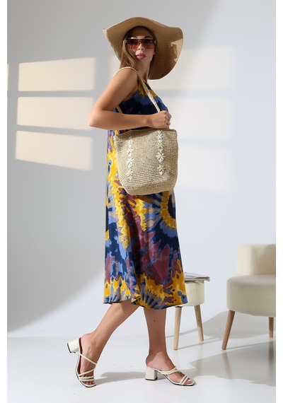 Likapa Yazlık Askılı Viskon Elbise 2691 Kahve Sarı Batik