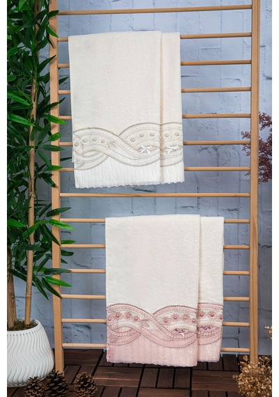 %100 Pamuk Fiyonk Güpürlü Çeyizlik 4'lü Havlu 50x90 - Krem - Pudr Krem - Pudra