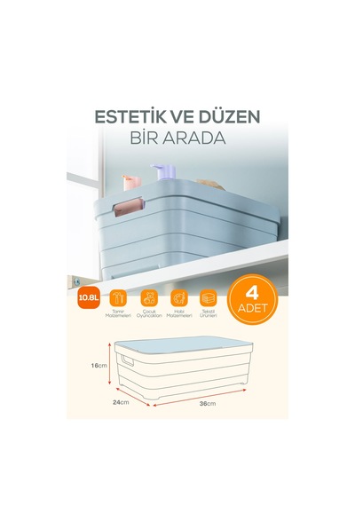 Vienev 4'lü Kapaklı 10,8 Litre Saklama Kutusu Bej Bej