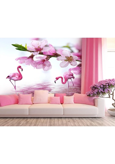 Pembe Çiçekler Ve Flamingolar