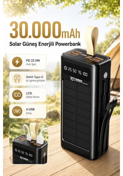 7go Gpw-09 30000mah Güneş Enerjili Powerbank Pd 22.5w Hızlı Şarj Dahili Type-c & Lightning Kablo Siyah