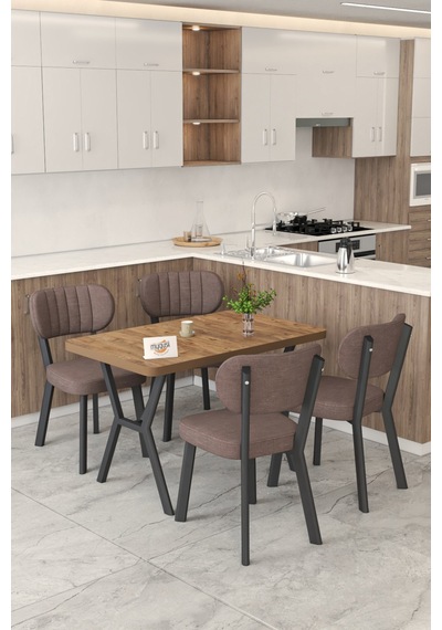 Gnr 70x110cm Sabit Atlantik Mutfak Masası Takımı, Yemek Masası, 4 Modern Kahverengi Sandalye Kahverengi