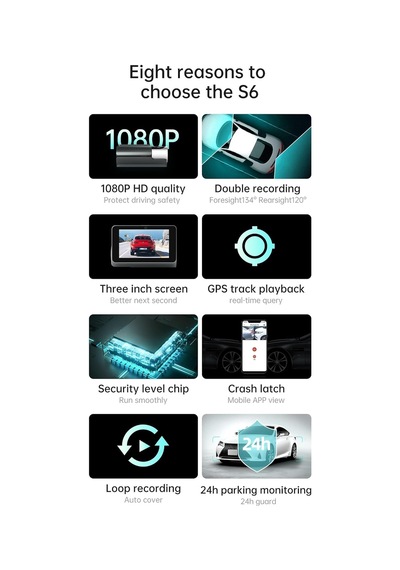 S6 2k 1920p 1080p G-sensör Gece Görüş Destekli Döngüsel Kayıt Yapabilen Geniş Açılı Mobil Uygulamalı Ön Ve