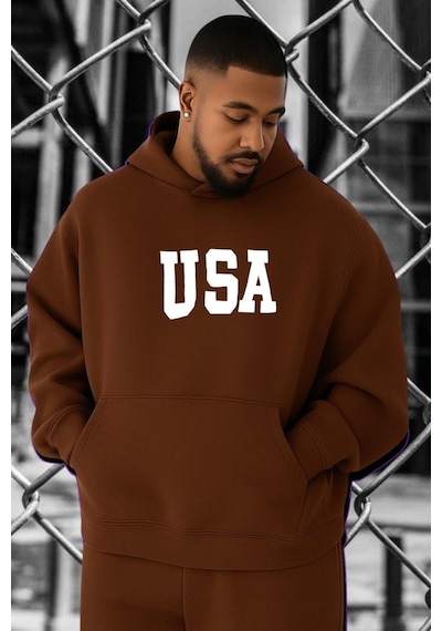 Benroma 3 İplik Penye Usa Baskılı Büyük Beden Sweatshırt Kahverengi