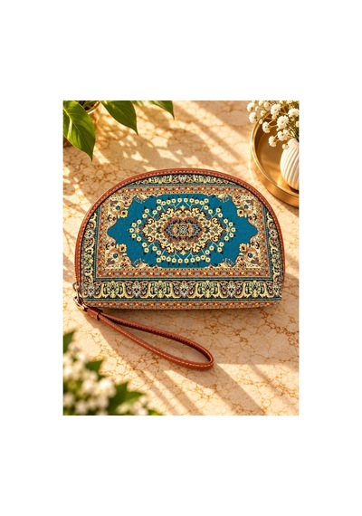 Badufa Home Desenli Fermuarlı Çok Amaçlı 3 Boy Mini Çanta -simli Mavi-taba Mavi-taba